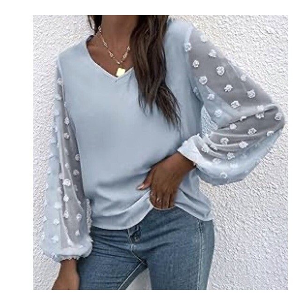 Jiotang Blouse Top Women's Size Medium Long Sheer Sleeve Light Blue Stretch
